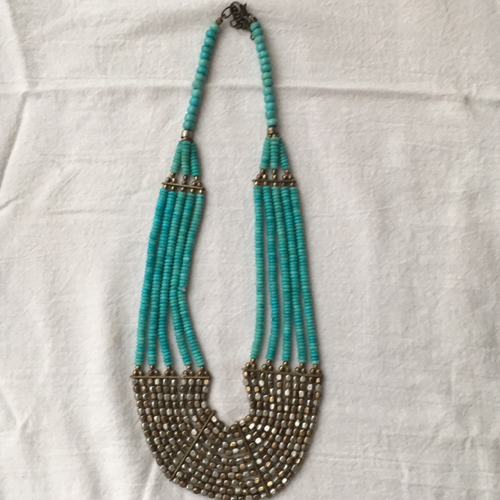 Turquoise and brass beaded collar necklace